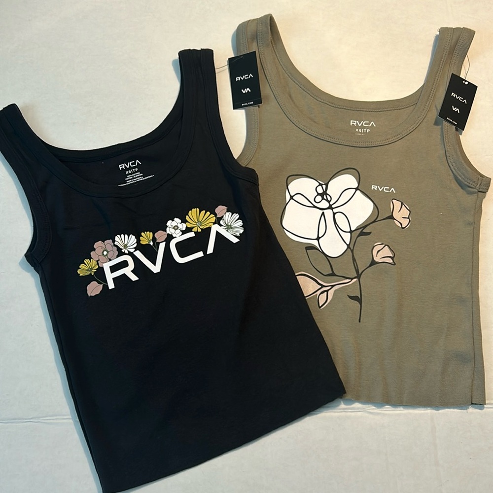 RVCA XSmall Tanks TWO Flower Power Black & Obscure Green 100% cotton raw hem NWT